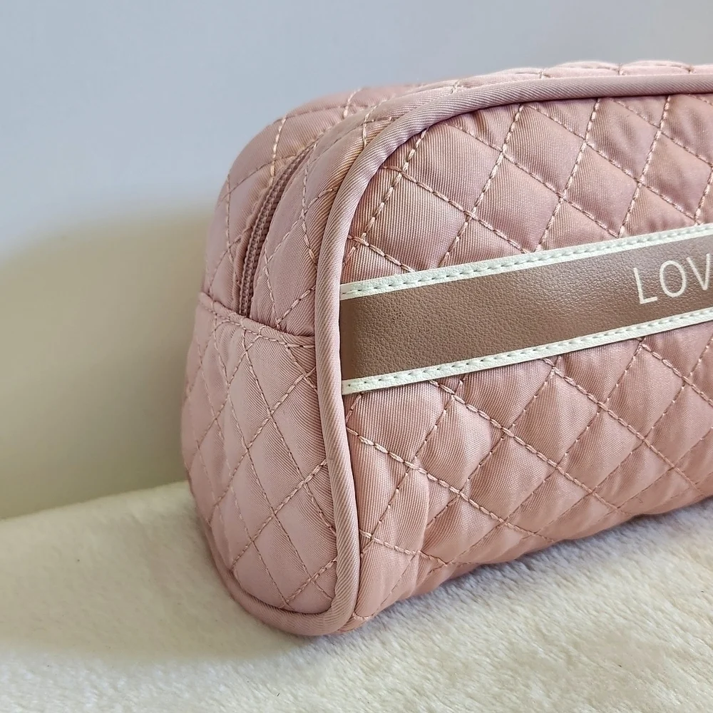 Lovevook Pink Quilted Toiletry Travel Makeup Cosmetic Bag Pouch
